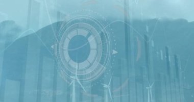 Animation of round scanner and data processing over spinning windmills on grassland. Renewable energy and business technology concept