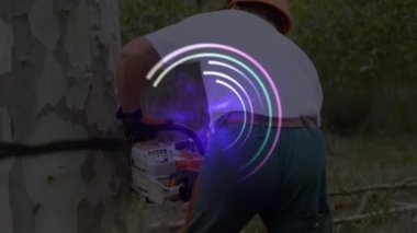 Kulaklık takan iş adamlarının üzerinde dünyanın animasyonu. Aile sevgisi ve birliktelik kavramı.