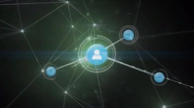 Animation of network of connections with icons over network of connections. Global connections data processing and digital interface concept digitally generated video.