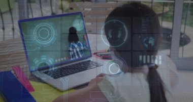 Animation of round scanner and microprocessor connections against girl having a video call on laptop. School and education technology concept