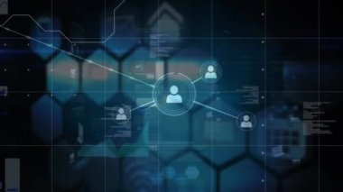 Animation of network of profile icons over data processing and hexagonal shapes on black background. Global networking and business technology concept