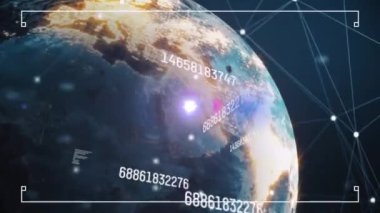Animation of data processing and globe on blue background. Global business finances connections and digital interface concept digitally generated video.