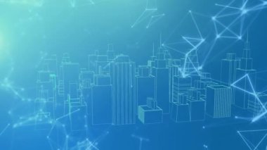 Animation of 3d model of modern skyscrapers rotating over dots connecting with lines. Telecommunications, technology, hologram, digitally generated, architecture, illustration, abstract.