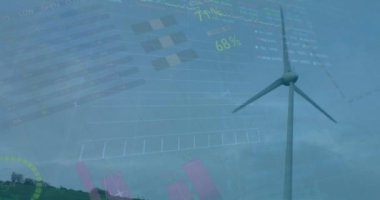 Animation of financial data processing over wind turbine. Global farming business digital interface technology and networking concept digitally generated video.