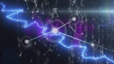 Animation of nft text with network of connections and light trails on black background. Global connections, computing and digital interface concept digitally generated video.