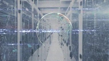 Animation of green shapes and icons over data processing on blue background. Global business connections digital interface and technology concept digitally generated video.