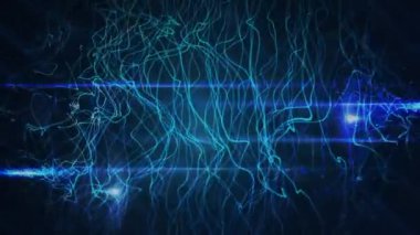 Animation of blue network of connections moving cityscape. Global connections data processing and digital interface concept digitally generated video.