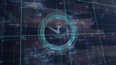 Animation of clock over grid. Global science research and technology concept digitally generated video.