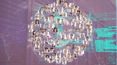 Animation of globe of business profile icons over data processing against computer server room. Global networking and business technology concept