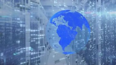 Animation of globe and financial data processing over servers. Global connections business digital interface technology and networking concept digitally generated video.
