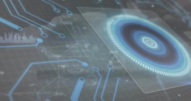 Animation of network of connections with icons over globe and grid. Global connections digital interface and networks concept digitally generated video.