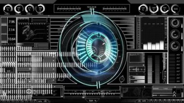 Animation of scope scanning over data processing on black background. Global business digital interface technology and networking concept digitally generated video.