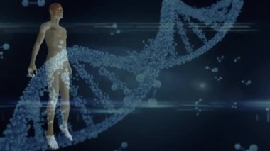 Animation of dna strand spinning and medical data processing. Global sports fitness and data processing concept digitally generated video.