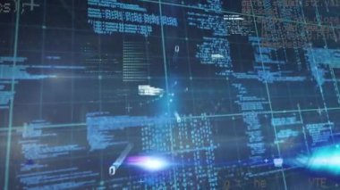 Mavi arkaplanda veri işleme animasyonu. küresel iş ve dijital arayüz kavramı dijital olarak oluşturulmuş video.