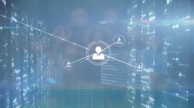 Animation of network of profile icons over screens with mosaic squares against blue background. Global networking and business technology concept