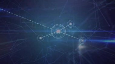 Animation of glowing network of connections and light trails against blue background. Global networking and business technology concept