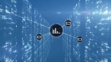 Animation of network of connections over server room. Global connections and data processing concept digitally generated video.