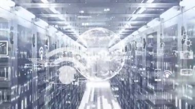 Animation of data processing over computer servers. Global technology data processing and digital interface concept digitally generated video.