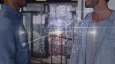 Ofisteki iş adamlarıyla olan bağlantıların animasyonu. Küresel bağlantılar iş ve teknoloji kavramı dijital olarak oluşturulmuş video.