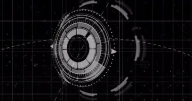 Animation of data processing and scope scanning with mathematical equations on black background. Global technology, computing and digital interface concept digitally generated video.
