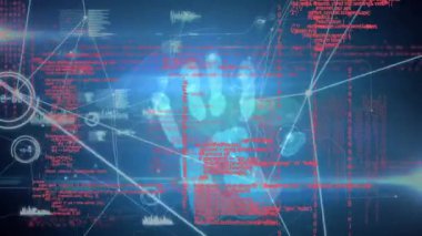 Animation of network of connections and data processing against hand scanning on blue background. Cyber security and business technology concept