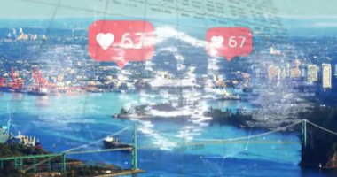 Animation of globe with world map and cityscape. Global business digital interface technology and networking concept digitally generated video.