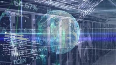 Animation of financial data processing and scope scanning over rugby players. Global finances digital interface and technology concept digitally generated video.