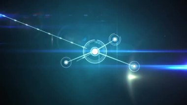 Animation of glowing network of connections and light trails against blue background. Global networking and business technology concept