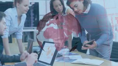 Animation of globe and data processing over diverse business people. Global business, computing and digital interface concept digitally generated video.