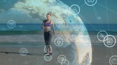 Kumsalda yoga yapan beyaz bir kadın üzerinde bilgisayar ikonu olan dairelerin animasyonu. Dijital bileşik, çoklu pozlama, doğa, ağ, bağlantı, egzersiz ve fitness kavramı.