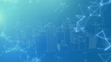 Animation of network of connections over digital city on blue background. Global technology, connections and digital interface concept digitally generated video.