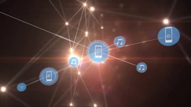 Animation of network of connections with icons and light trails on black background. Global connections, computing and digital interface concept digitally generated video.