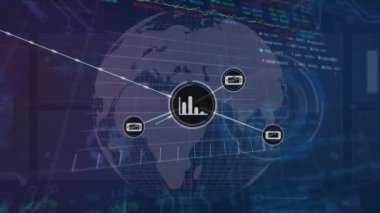 Animation of network of connections with icons and data processing over blue background. Global business finances and digital interface concept digitally generated video.