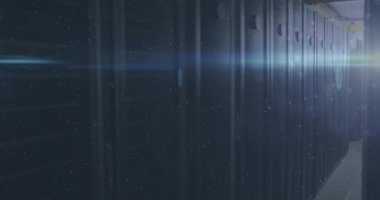 Animation of light spots over server room. Global business and digital interface concept digitally generated video.