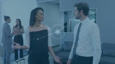 Animation of network of connections over business people wearing phone headsets. Global business connections data processing and technology concept digitally generated video.