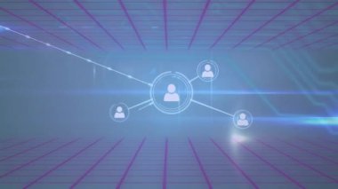 Animation of network of connections with icons over sports stadium. Global connections digital interface technology and networking concept digitally generated video.