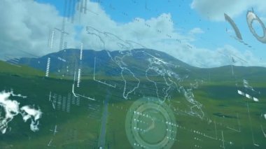 Animation of neon ticking clock and interface with data processing over landscape with mountains. Computer interface and business technology concept