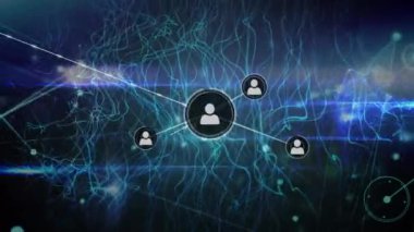 Animation of network of profile icons over digital waves and light trails against blue background. Global networking and business technology concept
