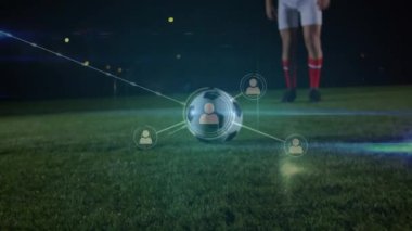 Futbolcu üzerinden bağlantı ağlarının animasyonu. Küresel spor yarışması ve bağlantılar konsepti dijital olarak oluşturulmuş video.