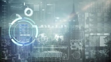 Animation of scope scanning and data processing over cityscape. Global digital interface technology and connections concept digitally generated video.