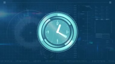 Animation of clock moving fast over molecules on blue background. Global connection and data processing concept digitally generated video.