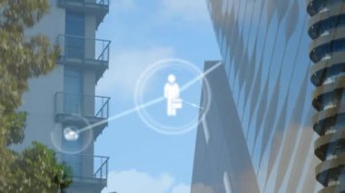 Network of digital icons against network of connections with like and delivery drone over drone. Global networking and business technology concept.
