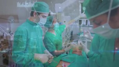 Animation of network of connections with data processing over diverse surgeons and patient. Global medicine, computing and digital interface concept digitally generated video.