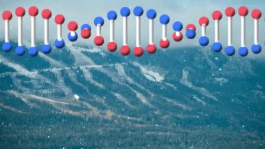 Animation of dna strand and snow falling over mountains. Global science and digital interface concept digitally generated video.