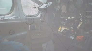 Animation of network of connections and data processing over cockpit of a plane. Global networking and aviation technology concept