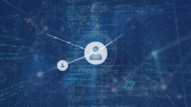 Animation of network of connections with icons over data processing. Global connections computing and data processing concept digitally generated video.