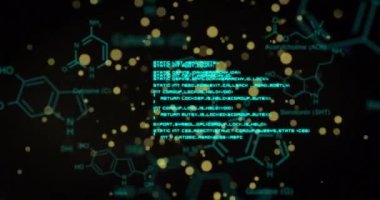 Animation of yellow spots floating over chemical structures and data processing on black background. Medical research and science technology concept