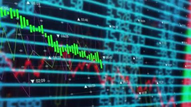 Animation of rows of circles spinning over binary coding and data processing. Digitally generated image.
