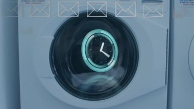 Digital composite video of message icons against washing machines at laundromat. Communication, convenience, laundry, graphic, envelope, clothing, hygiene, appliance.