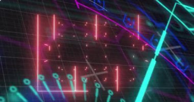 Animation of 3d neon soccer field with plus, minus signs over hud processing on digital interface. Digital composite, creativity, sports, playground, soccer, art culture and entertainment, development